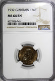 Great Britain George V (1910-1936) Bronze 1932 Farthing NGC MS64 BN KM# 825 (045