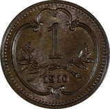 Austria Franz Joseph I Bronze 1910 1 Heller UNC KM# 2800 (20 090)