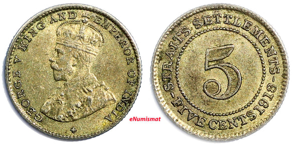 Straits Settlements George V Silver 1918  5 Cents Toning KM# 31 (4114)