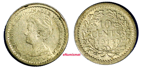 Netherlands Wilhelmina I Silver 1913 10 Cents Toned KM# 145 (5153)