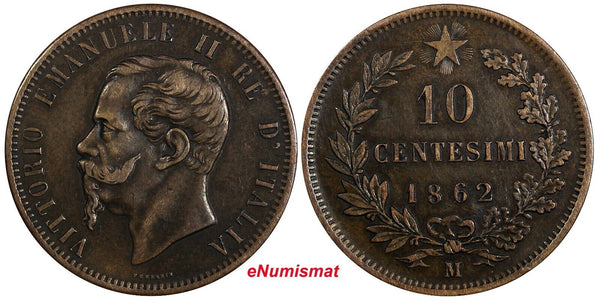 Italy Vittorio Emanuele II Copper 1862 M 10 Centesimi Milano Mint KM# 11.1 (325)