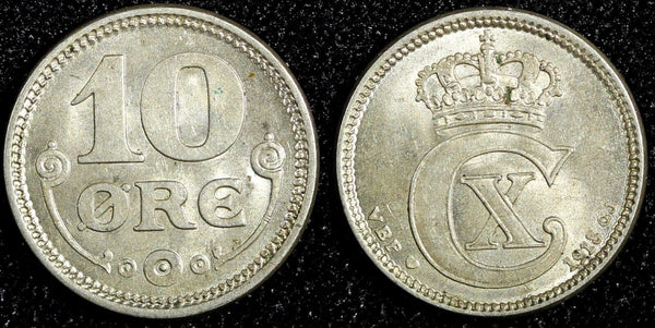 Denmark Christian X Silver 1918 VBP; GJ 10 Øre Last Year UNC KM# 818.1 (23 849)