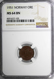 Norway Haakon VII Bronze 1951 1 Ore NGC MS64 BN TOP GRADED BY NGC  KM# 367