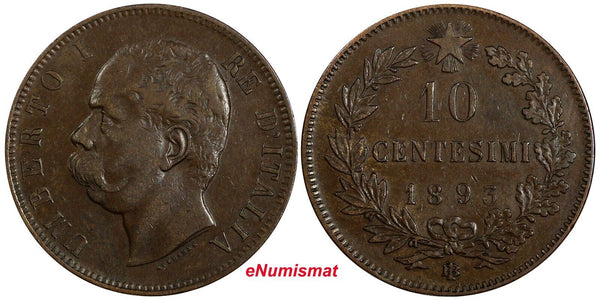 Italy Umberto I Copper 1893 B/I 10 Centesimi Heaton's Mint,Birmingham KM#27.1(5)