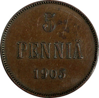 Finland Nicholas II Copper 1905 5 Pennia Mintage-620,000 BETTER DATE KM#15 (68)