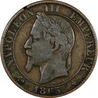 France Napoleon III Bronze 1865 BB. 5 Centimes SCARCE KM# 797.2