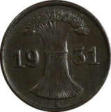 Germany - Weimar Republic 1931 E 1 Reichspfennig Muldenhütten, KM# 37 (18 718)