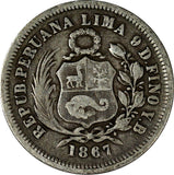 Peru Silver 1867 YB  1/5 Sol Better Date KM# 191 (19 390)