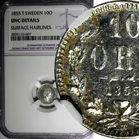 SWEDEN Oscar I (1844-1859) Silver 1855  T 10 Ore  NGC UNC DETAILS  KM# 683 (007)