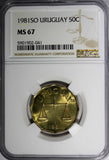 Uruguay 1981 So 50 Centesimos NGC MS67 TOP GRADED GEM BU KM# 68 (041)