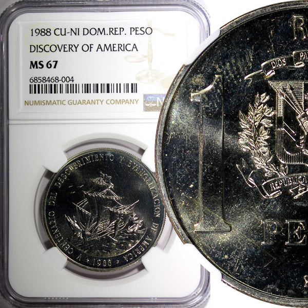 Dominican Republic 1988 1 Peso  Discovery of America NGC MS67 KM# 66 (04)