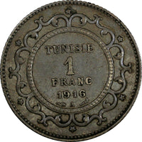 Tunisia Muhammad V Silver AH1335 (1916) A 1 Franc Toned KM# 238 (18 998)