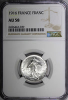 France Silver 1916 1 Franc NGC AU58 Paris Mint KM# 844.1 (039)