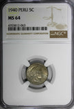 PERU Copper-Nickel 1940 5 Centavos NGC MS64 TONING TOP GRADED KM# 213.2