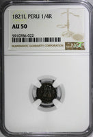 Peru Fernando VII Silver 1821 L 1/4 Real NGC AU50 Toned SCARCE KM# 108 (022)