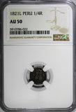 Peru Fernando VII Silver 1821 L 1/4 Real NGC AU50 Toned SCARCE KM# 108 (022)