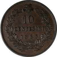 Italy Vittorio Emanuele II Copper 1863 10 Centesimi Paris Mint XF KM# 11.2 (327)