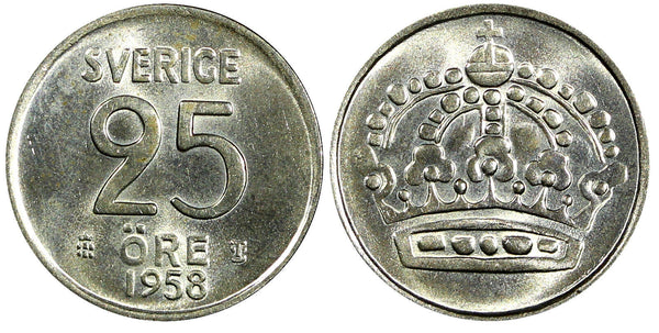 Sweden Gustaf VI Silver 1958 TS 25 Öre GEM BU COIN KM# 824 (22 019)