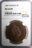 Sweden Oscar I 1849 4 Skilling Banco 37.2 mm 1st Year NGC MS62 BN KM# 672 (002)