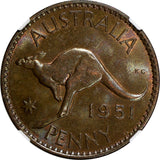 Australia George VI Bronze 1951-PL 1 Penny NGC MS63 BN Kangaroo KM# 43