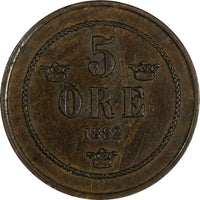 Sweden Oscar II Bronze 1882 5 Öre Small Letters KM# 736 (19 720)