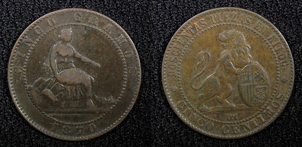 SPAIN Provisional Government Copper 1870 OM 5 Centimos KM#662 (22 481)