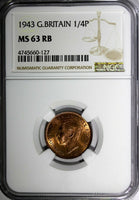Great Britain George VI Bronze 1944 Farthing NGC MS63 RB KM# 843