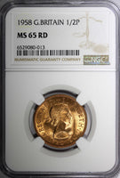 Great Britain Elizabeth II Bronze 1958 1/2 Penny NGC MS65 RD FULL RED KM#896 (3)