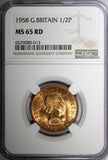 Great Britain Elizabeth II Bronze 1958 1/2 Penny NGC MS65 RD FULL RED KM#896 (3)