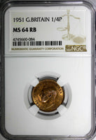 Great Britain George VI Bronze 1951 1 Farthing NGC MS64 RB KM# 867 (84)