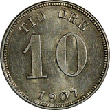 SWEDEN Oscar II Silver 1907 EB 10 Ore 1 YEAR TYPE  aUNC KM# 774 (17 031)