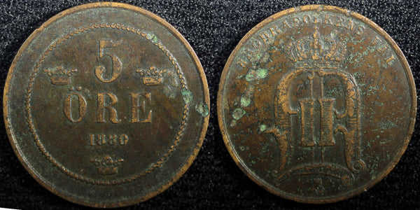 Sweden Oscar II Bronze 1880 5 Öre Small Letters RARE DATE KM# 736 (23 176)