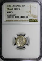 Finland Nicholas II Silver 1917 S 25 Pennia NGC MS65 Grand Duchy KM# 6.2 (027)