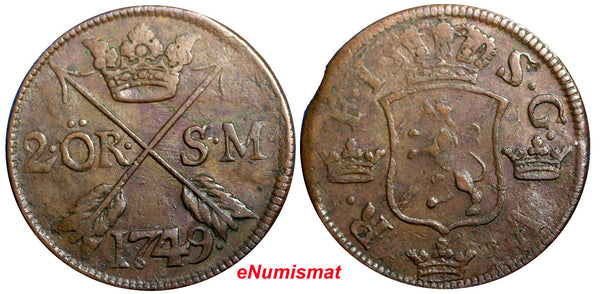 SWEDEN COPPER  Frederick I 1749 2 Ore,S.M.Struck at Avesta Mint .KM# 437 (2341)