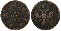 RUSSIA 1731 DENGA STRUCK OVER LARGE KOPECK OF PETER I RARE BIT-312(R3) RARE (85)