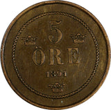 Sweden Oscar II Bronze 1895 5 Öre Mintage-374,000 large letters KM# 757 (17 877)