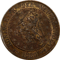 Netherlands Wilhelmina Bronze 1880 2-1/2 Cent aUNC/UNC  Condition KM# 108.1 (99)