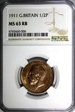 Great Britain George V Bronze 1911 1/2 Penny NGC MS63 RB 1st Date Type KM# 809