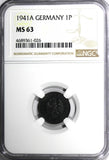Germany-Third Reich Zinc 1941 A 1 Reichspfennig WWII NGC MS63 TOP GRADE KM97/026