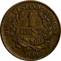 Danish West Indies Frederik VII Bronze 1859 1 Cent Brown Mintage-216,000 KM# 63