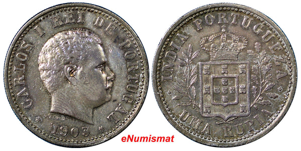 India-Portuguese Carlos I Silver 1903 1 Rupia Mintage- 200,000 Ch.XF  KM# 17 (7)