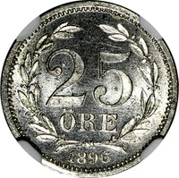 Sweden Oscar II Silver 1896 EB 25 Ore NGC MS63  KM# 739