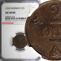 Norway Haakon VII Bronze 1910 2 Øre BETTER DATE RARE NGC AU58 BN KM# 371 (23)