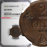 Norway Haakon VII Bronze 1910 2 Øre BETTER DATE RARE NGC AU58 BN KM# 371 (23)