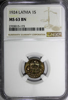 LATVIA Bronze 1924 1 Santims NGC MS63 BN Toning Struck at Switzerland.KM# 1