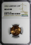 Great Britain George VI Bronze 1952 Farthing NGC MS63 RB KM# 867