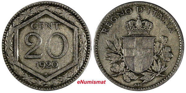 Italy Vittorio Emanuele III Copper-nickel 1920 R 20 Centesimi RARE  KM# 58 (342)
