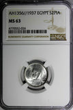 EGYPT Farouk Silver AH1356//1937 2 Piastres NGC MS63 Mintage-500,000 KM#365