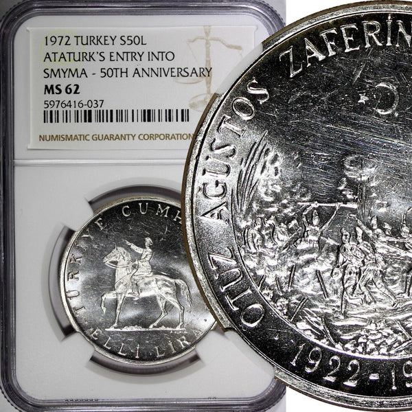 Turkey Silver 1972 50 Lira NGC MS62 Atatürk's Entry into Smyrna KM# 901 (037)