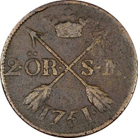 SWEDEN COPPER Adolf Frederick 1751 2 Ore S.M.Mintage353,000 SCARCE KM# 461 (377)